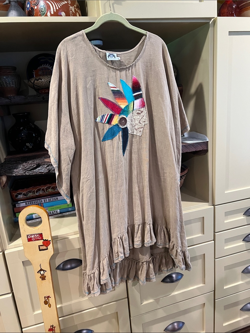 Boho High-Low Taupe Tunic Dress with Multicolor Feather Applique